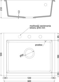 Mexen Elix νεροχύτης γρανίτης 1-θέσιος 600 x 500 mm, λευκός, χρυσό σιφόνι