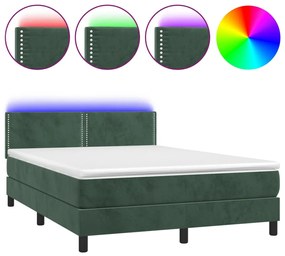 vidaXL Κρεβάτι Boxspring με Στρώμα &amp; LED Σκ. Πράσινο 140x190εκ Βελούδο