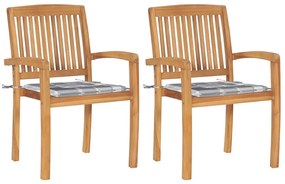 vidaXL Καρέκλες Κήπου 2 τεμ. Μασίφ Ξύλο Teak με Γκρι Καρό Μαξιλάρια