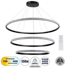 Κρεμαστό Φωτιστικό Οροφής LED 150W 18379lm DIAMOND ΤRIO Globostar-61140-Μαύρο 61140