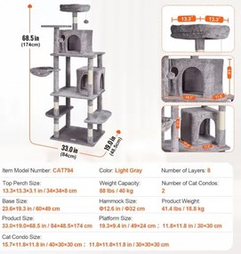 VEVOR Cat Tree 68.5&quot; Cat Tower with Cat Condos Sisal Scratching Post Light Grey