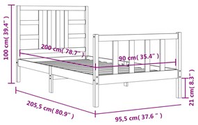 Πλαίσιο Κρεβατιού με Κεφαλάρι Μαύρο 90x200 εκ. Μασίφ Ξύλο - Μαύρο