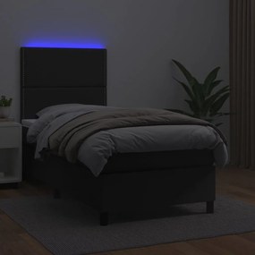 Κρεβάτι Boxspring με Στρώμα &amp; LED Μαύρο 90x200 εκ. Συνθ. Δέρμα - Μαύρο