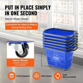 VEVOR Plastic Rolling Shopping Trolley Basket On Wheels 6PCS 39L with Handle
