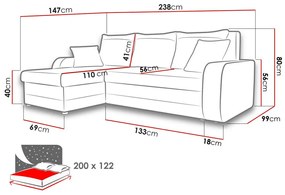 Γωνιακός Καναπές Comfivo 135, Λειτουργία ύπνου, Αποθηκευτικός χώρος, 238x147x80cm, Πόδια: Πλαστική ύλη | Epipla1.gr