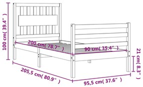 Πλαίσιο Κρεβατιού με Κεφαλάρι 90x200 εκ. από Μασίφ Ξύλο - Καφέ