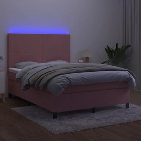 vidaXL Κρεβάτι Boxspring με Στρώμα &amp; LED Ροζ 140x200 εκ. Βελούδινο
