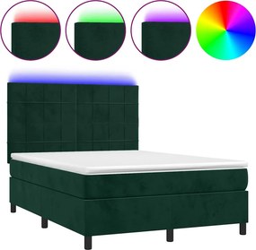 vidaXL Κρεβάτι Boxspring με Στρώμα &amp; LED Σκ. Πράσινο 140x200εκ Βελούδο