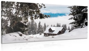 Εικόνα ενός ξύλινου σπιτιού κοντά σε χιονισμένα πεύκα - 120x60