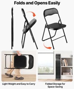 VEVOR 4 Pack Folding Chairs Portable Leather Chairs with Padded Cushion Black