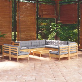 vidaXL Σαλόνι Κήπου Σετ 12 Τεμ. Μασίφ Ξύλο Πεύκου με Γκρι Μαξιλάρια