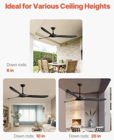 VEVOR 72" Wood Blade Ceiling Fan No Light Remote Control Reversible Motor Black