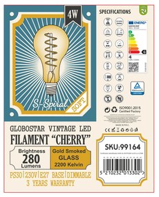 GloboStar 99164 Λάμπα LED Soft S Spiral Filament E27 PS30 CHERRY Γλόμπος 4W 280lm 360° AC 220-240V IP20 Φ9.5 x Υ13.4cm Ultra Θερμό Λευκό 2200K με Μελί Γυαλί Dimmable - 3 Χρόνια Εγγύηση