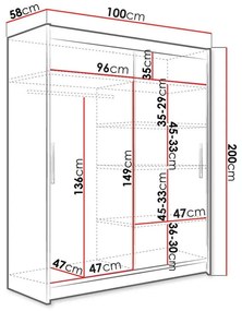 Ντουλάπα Atlanta 164, Σκούρα δρυς, 200x100x58cm, 88 kg, Πόρτες ντουλάπας: Ολίσθηση, Αριθμός ραφιών: 4, Αριθμός ραφιών: 4 | Epipla1.gr