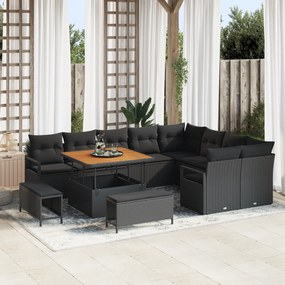 vidaXL Σετ Καναπέ 12 τεμαχίων Εξωτερικού Χώρου με Μαξιλάρια Μαύρο Πολυ Ράτανα Ακακίας
