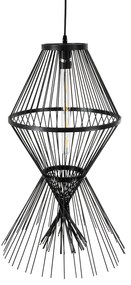 GloboStar® YOSHI 01929 Boho Κρεμαστό Φωτιστικό Οροφής Μονόφωτο 1 x E27 AC220-240V IP20 - Φ35 x Υ60cm - Μαύρο Ξύλινο Πλέγμα - 5 Χρόνια Εγγύηση