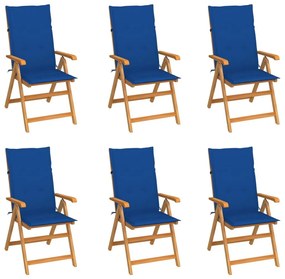 Καρέκλες Κήπου 6τεμ. από Μασίφ Ξύλο Teak με Μπλε Ρουά Μαξιλάρια - Μπλε
