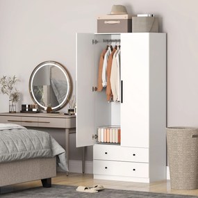 Ντουλάπα, 2 πόρτες, κρεμάστρα, ράγα ρούχων, 2 συρτάρια, MDF, λευκό