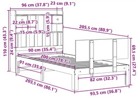 Κρεβάτι Βιβλιοθήκη Χωρίς Στρώμα 90x200 εκ Μασίφ Ξύλο Πεύκου - Καφέ