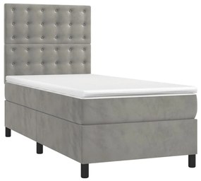 vidaXL Κρεβάτι Boxspring με Στρώμα Ανοιχτό Γκρι 90x200 εκ. Βελούδινο