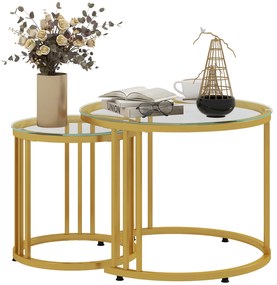 HOMCOM Σετ βοηθητικών τραπεζιών, 2 τραπέζια, ανθρακούχος χάλυβας, γυάλινη επιφάνεια, Ø60x47/Ø40x42 εκ., Χρυσό