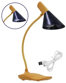 GloboStar® DRAPER 01437 Επαναφορτιζόμενο USB Φωτιστικό Γραφείου LED 6 Watt Μονόφωτο Μεταλλικό σε Απόχρωση Ξύλου με Μαύρο Καπέλο Λευκό Ημέρας 4500K