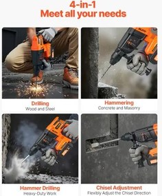 VEVOR 20V SDS-Plus Brushless Cordless Rotary Hammer Drill Kit 1200RPM 4 Function