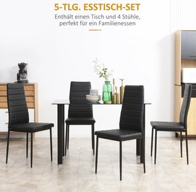 Σετ τραπεζαρίας 5 τεμαχίων, σετ καθιστικού, τραπέζι τραπεζαρίας με 4 καρέκλες, μοντέρνος σχεδιασμός, γυάλινο τραπέζι, Μαύρο