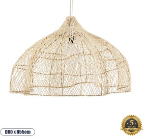 02211 GloboStar® ADEJE 02211 Boho Κρεμαστό Φωτιστικό Καμπάνα Μονόφωτο 1 x E27 IP20 Μπεζ Ρατάν - Μ80 x Π80 x Υ55cm