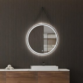 Luminor FLY 70 Καθρέπτης Φωτιζόμενος LED, Με Μαύρο Πλαίσιο Αλουμινίου, Δερμάτινο Ιμάντα Και Επιτοίχια Βάση Στήριξης Ø70 εκ