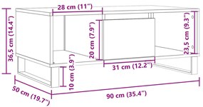 Τραπεζάκι Σαλονιού Αρτισιανή Δρυς 90x50x36,5εκ Επεξεργασμ. Ξύλο - Καφέ