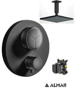 Almar Black matt Ανακλινόμενη κεφαλή 30εκ+Μπρατσό Οροφής+Thermo-Core Push Θερμοστατικός μίκτης εντ. 3 εξόδων+κιτ εντοιχισμού