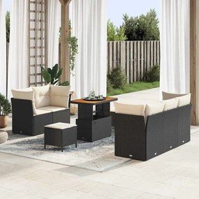 vidaXL Σετ Καναπέ Κήπου 8 Τεμαχίων με Μαξιλάρια, Μαύρο Πολυ Ράτταν Ακακία