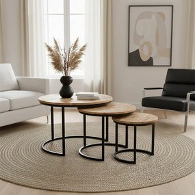 Τραπεζάκι σαλονιού Frina σετ 3τεμ mango ξύλο σε φυσική απόχρωση με πόδι μαύρο μέταλλο 70x70x45 εκ.