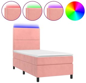 vidaXL Κρεβάτι Boxspring με Στρώμα &amp; LED Ροζ 90x200 εκ. Βελούδινο