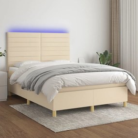 Κρεβάτι Boxspring με Στρώμα &amp; LED Κρεμ 140x190 εκ. Υφασμάτινο