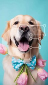 Intra Συλλεκτικό Ξύλινο Παζλ Plywood  4mm - Σκύλος Golden Retriever με ροζ τουλίπες και παπιγιόν Σε Ξύλινο Κουτί - Διαστάσεις: 10x10 cm – 25 κομμάτια