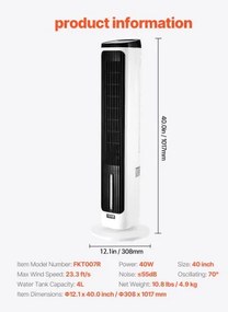 VEVOR 40" Oscillating Tower Fan 24H Timer 23.3ft/s Velocity with Remote Control