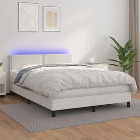 Κρεβάτι Boxspring με Στρώμα &amp; LED Λευκό 140x190 εκ. Συνθ. Δέρμα - Λευκό