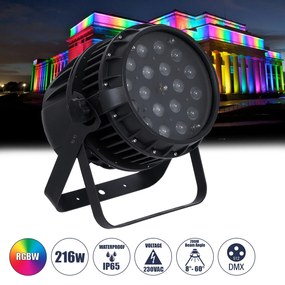 GloboStar® 51114 MINOTAUR Επαγγελματική Κεφαλή PAR DMX512 216W AC 220V-240V 4in1 BEAM - WASH - SPOT - ZOOM 8° - 60° OSRAM LED Αδιάβροχη IP65 RGBW - Μαύρο - L24.8 x W28 x H37cm