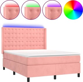 vidaXL Κρεβάτι Boxspring με Στρώμα &amp; LED Ροζ 140x200 εκ. Βελούδινο