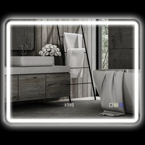 HOMCOM Καθρέφτης μπάνιου με LED φωτισμό, αντιθαμβωτικό επίθεμα, 3 ρυθμιζόμενα χρώματα, ρολόι, 700 x 900 mm, Ασημί