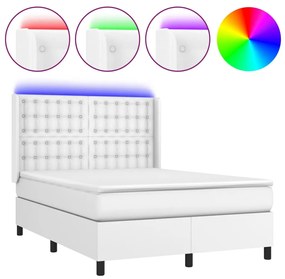 vidaXL Κρεβάτι Boxspring με Στρώμα & LED Λευκό 140x190 εκ. Συνθ. Δέρμα