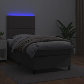 vidaXL Κρεβάτι Boxspring με Στρώμα & LED Γκρι 90x190 εκ. Συνθ. Δέρμα