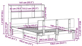 Κρεβάτι Βιβλιοθήκη Χωρίς Στρώμα 135x190 εκ Μασίφ Ξύλο Πεύκου - Καφέ