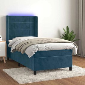 vidaXL Κρεβάτι Boxspring με Στρώμα &amp; LED Σκ. Μπλε 80x200 εκ. Βελούδινο