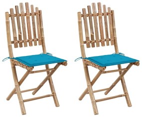 Καρέκλες Κήπου Πτυσσόμενες 2 τεμ. από Μπαμπού με Μαξιλάρια - Μπλε