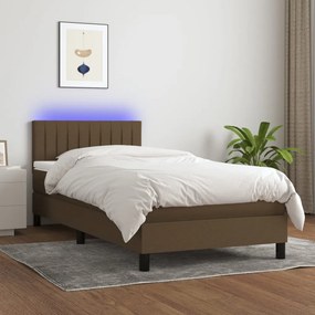 vidaXL Κρεβάτι Boxspring με Στρώμα & LED Σκ.Καφέ 100x200 εκ Υφασμάτινο