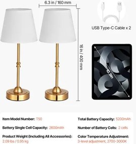 VEVOR Cordless Table Lamp 2PCS Rechargeable Battery Desk Lamp Fabric Shade Gold