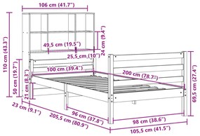 Κρεβάτι Βιβλιοθήκη Χωρίς Στρώμα 100x200 εκ. Μασίφ Ξύλο Πεύκο - Λευκό